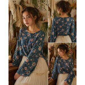 Paper Moon Teal Floral Blouse Pink Romantic Career Top Zip Back S